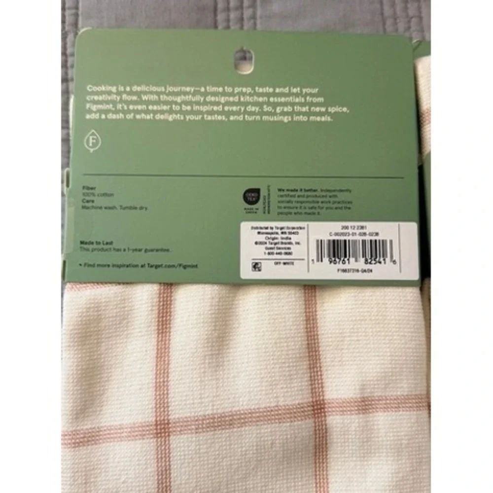 Figmint Kitchen Towel Set Unisex 18x28 Off-White New Plaid Cotton 2-Pack‎